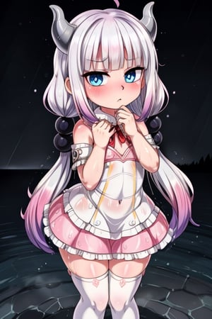 8k resolution, high resolution, masterpiece, intricate details, highly detailed, HD quality, solo, loli, black desert on the background, night, rain, red stars in the sky, scarlet moon, Kana Kamui.white hair.Blue eyes.two straight slightly curved horns.(Kanna Kamui's clothes).pink dress.white stockings to the knees.the expression is emotionless.confused expression.satisfied expression, focus on the whole body, the whole body in the frame, small breasts, vds, looking at viewer, wet, rich colors, vibrant colors, detailed eyes, super detailed, extremely beautiful graphics, super detailed skin, best quality, highest quality, high detail, masterpiece, detailed skin, perfect anatomy, perfect body, perfect hands, perfect fingers, complex details, reflective hair, textured hair, best quality, super detailed, complex details, high resolution,  

,Mrploxykun,Shadbase ,USA,Kanna Kamui ,Captain kirb