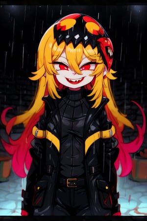 8k resolution, high resolution, masterpiece, long black scaly coat, open coat, yellow hair, white trickster mask,mocking smile painted on the mask,red smile, fanged smile,red eyes painted on the mask,squinted eyes, black gloves, black pants, arms thrown to the side, looking at the viewer, scarlet lightning in the background, rain, thunderstorm, the whole body in the frame, solo, ,Glitching