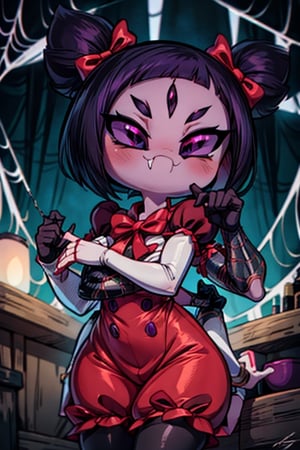 8k resolution, high resolution, masterpiece,  intricate details, highly detailed, HD quality, best quality, vibrant colors, 1girl,muffet,(muffetwear), monster girl,((purple body:1.3)),humanoid, arachnid, anthro,((fangs)),pigtails,hair bows,5 eyes,spider girl,6 arms,solo,clothed,6 hands,detailed hands,((spider webs:1.4)),bloomers,red and black clothing, armwear,  detailed eyes, super detailed, extremely beautiful graphics, super detailed skin, best quality, highest quality, high detail, masterpiece, detailed skin, perfect anatomy, perfect hands, perfect fingers, complex details, reflective hair, textured hair, best quality, super detailed, complex details, high resolution, looking at the viewer, rich colors, ,muffetwear,Shadbase ,JCM2,DAGASI,Oerlord,illya,In the style of gravityfalls,tensura,Mrploxykun,BORN-TO-DIE,Captain kirb,ChronoTemp ,spy x family style
