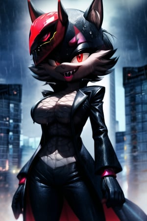 8k resolution, high resolution, masterpiece, long black scaly coat, open coat,  white trickster mask,mocking smile painted on the mask,red smile, fanged smile,red eyes painted on the mask,squinted eyes, black gloves, black pants, arms thrown to the side, looking at the viewer, scarlet lightning in the background, rain, thunderstorm, the whole body in the frame, solo, 