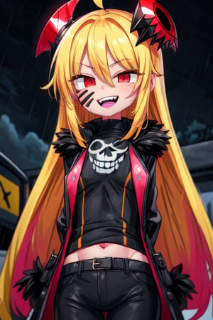 8k resolution, high resolution, masterpiece, long black scaly coat, open coat, yellow hair, faceless mask,smooth mask,white trickster mask,mocking smile painted on the mask,red smile, fanged smile,red eyes painted on the mask,squinted eyes, black gloves, black pants, arms thrown to the side, looking at the viewer, scarlet lightning in the background, rain, thunderstorm, the whole body in the frame, solo


,The Pink Pirate