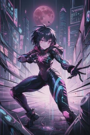 8k resolution, high resolution, masterpiece, intricate details, highly detailed, HD quality, solo, loli, short stature, little girls, only girls, dark background, rain, scarlet moon, crimson moon, moon, moon on the background, science fiction, science fiction city, red neon, blood red neon, burgundy red neon,

Peni Parker.red eyes.shining scarlet eyes.shining eyes.black hair.short haircut.slim build.teenage girl.Spiderman.Marvel.superhero.young woman.slim build.the red web.tight-fitting suit.black and red clothes.black spider print on the chest.black spider emblem.spider print.black print.hood.stretched hood.cheked smile.funny expression.fighting pose,

focus on the whole body, the whole body in the frame, the body is completely in the frame, the body does not leave the frame, detailed hands, detailed fingers, perfect body, perfect anatomy, wet bodies, rich colors, vibrant colors, detailed eyes, super detailed, extremely beautiful graphics, super detailed skin, best quality, highest quality, high detail, masterpiece, detailed skin, perfect anatomy, perfect body, perfect hands, perfect fingers, complex details, reflective hair, textured hair, best quality,super detailed,complex details, high resolution,

,AGGA_ST011,ChronoTemp ,illya,Star vs. the Forces of Evil ,Captain kirb,jtveemo,JCM2,Mrploxykun,Gerph ,Jago,Overlord,Artist,penini,C7b3rp0nkStyle,High detailed ,neon palette