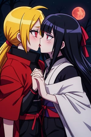 8k resolution, high resolution, masterpiece, intricate details, highly detailed, HD quality, solo, loli, dark background, black desert, scarlet moon,red moon, moon, rain,  2_girls, girls kissing, Naruko uzumaki.red eyes.(Naruko uzumaki has red eyes).blonde.yellow hair.Naruko uzumaki's clothes.black coat.black pants.a gentle expression.a satisfied expression.a playful expression.(Naruko towers over her partner), Hinata Hyuga.dark blue hair.pale lilac eyes.no pupils.Hinata Hugo's clothes.shinobi clothes.grey jacket.black pants.an embarrassed expression.happy recovery.joyful expression, kiss, two girls kissing, naruko and wednesday kissing, spittle, lesbian kiss, yuri, detailed kiss, kiss with tongues, detailed languages, focus on the whole body, the whole body in the frame, small breasts, rich colors, vibrant colors, detailed eyes, super detailed, extremely beautiful graphics, super detailed skin, best quality, highest quality, high detail, masterpiece, detailed skin, perfect anatomy, perfect body, perfect hands, perfect fingers, complex details, reflective hair, textured hair, best quality,super detailed,complex details, high resolution,

,jtveemo,himenoa,Star vs. the Forces of Evil ,Naruto,Landidzu,arcane style,Oerlord