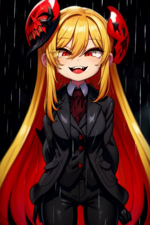 8k resolution, high resolution, masterpiece, long black scaly coat, open coat, yellow hair, white trickster mask,mocking smile painted on the mask,red smile, fanged smile,red eyes painted on the mask,squinted eyes, black gloves, black pants, arms thrown to the side, looking at the viewer, scarlet lightning in the background, rain, thunderstorm, the whole body in the frame, solo, ,Glitching