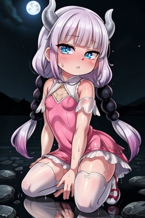 8k resolution, high resolution, masterpiece, intricate details, highly detailed, HD quality, solo, loli, black desert on the background, night, rain, red stars in the sky, scarlet moon, Kana Kamui.white hair.Blue eyes.two straight slightly curved horns.(Kanna Kamui's clothes).pink dress.white stockings to the knees.the expression is emotionless.confused expression.satisfied expression, focus on the whole body, the whole body in the frame, small breasts, vds, looking at viewer, wet, rich colors, vibrant colors, detailed eyes, super detailed, extremely beautiful graphics, super detailed skin, best quality, highest quality, high detail, masterpiece, detailed skin, perfect anatomy, perfect body, perfect hands, perfect fingers, complex details, reflective hair, textured hair, best quality, super detailed, complex details, high resolution,  

,Mrploxykun,Shadbase ,USA,Kanna Kamui ,Captain kirb