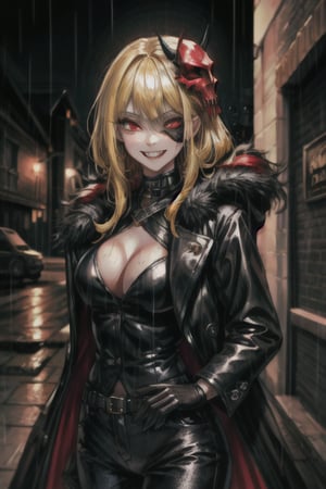 8k resolution, high resolution, masterpiece, long black scaly coat, open coat, yellow hair, white trickster mask,mocking smile painted on the mask,red smile, fanged smile,red eyes painted on the mask,squinted eyes, black gloves, black pants, arms thrown to the side, looking at the viewer, scarlet lightning in the background, rain, thunderstorm, the whole body in the frame, solo, 