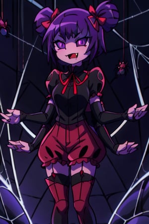 8k resolution, high resolution, masterpiece,  intricate details, highly detailed, HD quality, best quality, vibrant colors, 1girl,muffet,(muffetwear), monster girl,((purple body:1.3)),humanoid, arachnid, anthro,((fangs)),pigtails,hair bows,5 eyes,spider girl,6 arms,solo,clothed,6 hands,detailed hands,((spider webs:1.4)),bloomers,red and black clothing, armwear,  detailed eyes, super detailed, extremely beautiful graphics, super detailed skin, best quality, highest quality, high detail, masterpiece, detailed skin, perfect anatomy, perfect hands, perfect fingers, complex details, reflective hair, textured hair, best quality, super detailed, complex details, high resolution, looking at the viewer, rich colors, ,muffetwear,Shadbase ,JCM2,DAGASI,Oerlord
