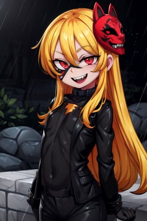 8k resolution, high resolution, masterpiece, long black scaly coat, open coat, yellow hair, white trickster mask,mocking smile painted on the mask,red smile, fanged smile,red eyes painted on the mask,squinted eyes, black gloves, black pants, arms thrown to the side, looking at the viewer, scarlet lightning in the background, rain, thunderstorm, the whole body in the frame, solo, detailed eyes, super detailed, extremely beautiful graphics, super detailed skin, best quality, highest quality, high detail, masterpiece, detailed skin, perfect anatomy, perfect hands, perfect fingers, complex details, reflective hair, textured hair, best quality, super detailed, complex details, high resolution, looking at the viewer, rich colors,Mrploxykun,JCM2,High detailed ,perfecteyes,Color magic,War of the Visions  ,Saturated colors,Artist