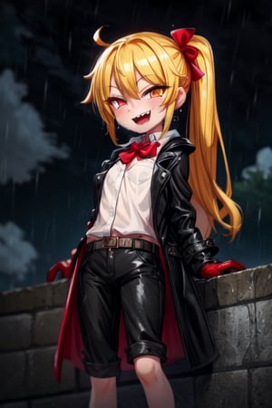 8k resolution, high resolution, masterpiece, long black scaly coat, open coat, yellow hair, white trickster mask,mocking smile painted on the mask,red smile, two ponytails, fanged smile,red eyes painted on the mask,squinted eyes, black gloves, black pants, arms thrown to the side, looking at the viewer, scarlet lightning in the background, rain, thunderstorm, the whole body in the frame, solo, 