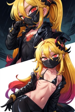 8k resolution, high resolution, masterpiece, long black scaly coat, open coat, yellow hair, white trickster mask,mocking smile painted on the mask,red smile, fanged smile,red eyes painted on the mask,squinted eyes, black gloves, black pants, arms thrown to the side, looking at the viewer, scarlet lightning in the background, rain, thunderstorm, the whole body in the frame, solo, detailed eyes, super detailed, extremely beautiful graphics, super detailed skin, best quality, highest quality, high detail, masterpiece, detailed skin, perfect anatomy, perfect hands, perfect fingers, complex details, reflective hair, textured hair, best quality, super detailed, complex details, high resolution, looking at the viewer, rich colors,Mrploxykun,JCM2,High detailed ,perfecteyes,Color magic,War of the Visions  ,Saturated colors,Artist,jtveemo