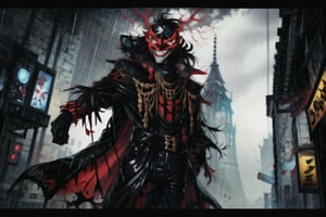 8k resolution, high resolution, masterpiece, long black scaly coat, open coat, black hair, white trickster mask,mocking smile painted on the mask,red smile, fanged smile,red eyes painted on the mask,squinted eyes, black gloves, black pants, arms thrown to the side, looking at the viewer, scarlet lightning in the background, rain, thunderstorm, the whole body in the frame, solo


