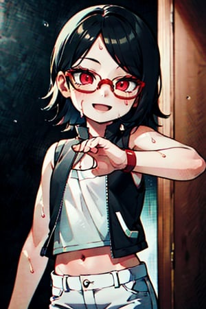 8k resolution, high resolution, masterpiece, intricate details, highly detailed, HD quality, solo, short stature, only girls, dark background, rain, scarlet moon, crimson moon, moon, moon on the background, 

Sarada Uchiha.red eyes.black hair.short hair.bangs on the forehead.slim build.a teenage girl.The clothes of the Uchiha Succession.shinobi clothes.sexy clothes.red vest.thin vest.white shorts.loose shorts.glasses.smile.a crazy smile.a cheeky expression.crazy expression.an insanely cheerful expression.a conspiratorial expression.sexy pose.fighting pose.lustful pose.perverted pose, 

flat chest, focus on the whole body, the whole body in the frame, the body is completely in the frame, the body does not leave the frame, detailed hands, detailed fingers, perfect body, perfect anatomy, wet bodies, rich colors, vibrant colors, detailed eyes, super detailed, extremely beautiful graphics, super detailed skin, best quality, highest quality, high detail, masterpiece, detailed skin, perfect anatomy, perfect body, perfect hands, perfect fingers, complex details, reflective hair, textured hair, best quality,super detailed,complex details, high resolution,

,perfecteyes,USA,Mrploxykun,jtveemo,JCM2,Captain kirb,Artist,AGGA_ST011,fantai12,Oerlord,arcane style,らす ,The Pink Pirate,Saradauchiha