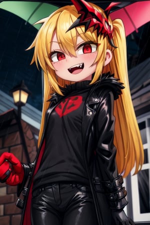 8k resolution, high resolution, masterpiece, long black scaly coat, open coat, yellow hair, white trickster mask,mocking smile painted on the mask,red smile,  fanged smile,red eyes painted on the mask,squinted eyes, black gloves, black pants, arms thrown to the side, looking at the viewer, scarlet lightning in the background, rain, thunderstorm, the whole body in the frame, solo, 