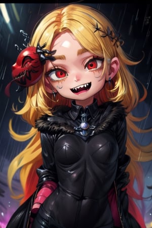 8k resolution, high resolution, masterpiece, long black scaly coat, open coat, yellow hair, white trickster mask,mocking smile painted on the mask,red smile, fanged smile,red eyes painted on the mask,squinted eyes, black gloves, black pants, arms thrown to the side, looking at the viewer, scarlet lightning in the background, rain, thunderstorm, the whole body in the frame, solo, detailed eyes, super detailed, extremely beautiful graphics, super detailed skin, best quality, highest quality, high detail, masterpiece, detailed skin, perfect anatomy, perfect hands, perfect fingers, complex details, reflective hair, textured hair, best quality, super detailed, complex details, high resolution, looking at the viewer, rich colors,Mrploxykun,JCM2,High detailed ,perfecteyes,Color magic