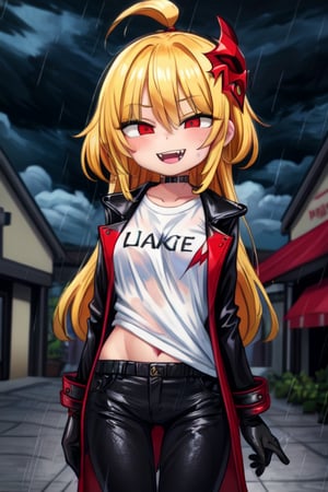 8k resolution, high resolution, masterpiece, long black scaly coat, open coat, yellow hair, white trickster mask,mocking smile painted on the mask,red smile, fanged smile,red eyes painted on the mask,squinted eyes, black gloves, black pants, arms thrown to the side, looking at the viewer, scarlet lightning in the background, rain, thunderstorm, the whole body in the frame, solo, the inscription on the T-shirt, the inscription, the best seductress of little girls


