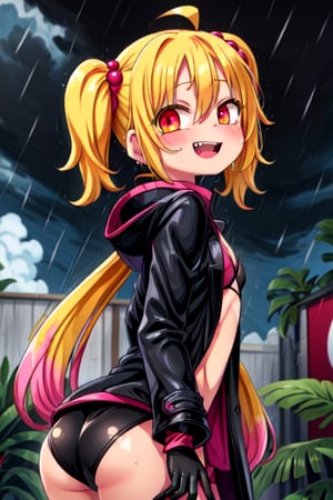 8k resolution, high resolution, masterpiece, long black scaly coat, open coat, yellow hair, white trickster mask,mocking smile painted on the mask,red smile, fanged smile,red eyes painted on the mask,squinted eyes, black gloves, black pants, arms thrown to the side, looking at the viewer, scarlet lightning in the background, rain, thunderstorm, the whole body in the frame, 2girls, love, yuri, revealing clothes, women's clothing sale, small breasts, loli, perfect body,perfect anatomy, gentle expression (Naruko Uzumaki.yellow hair.two pigtails, palms squeeze ass, towering over his partner), (Haruno sakura.long pink hair.straight hair),DAGASI