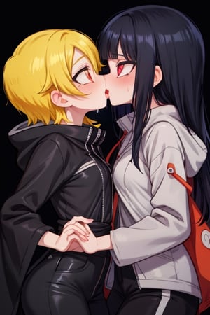 8k resolution, high resolution, masterpiece, intricate details, highly detailed, HD quality, solo, loli, dark background, black desert, scarlet moon,red moon, moon, rain,  2_girls, girls kissing, Naruko uzumaki.red eyes.(Naruko uzumaki has red eyes).blonde.yellow hair.Naruko uzumaki's clothes.black coat.black pants.a gentle expression.a satisfied expression.a playful expression.(Naruko towers over her partner), Hinata Hyuga.dark blue hair.pale lilac eyes.no pupils.Hinata Hugo's clothes.shinobi clothes.grey jacket.black pants.an embarrassed expression.happy recovery.joyful expression, kiss, two girls kissing, naruko and wednesday kissing, spittle, lesbian kiss, yuri, detailed kiss, kiss with tongues, detailed languages, focus on the whole body, the whole body in the frame, small breasts, rich colors, vibrant colors, detailed eyes, super detailed, extremely beautiful graphics, super detailed skin, best quality, highest quality, high detail, masterpiece, detailed skin, perfect anatomy, perfect body, perfect hands, perfect fingers, complex details, reflective hair, textured hair, best quality,super detailed,complex details, high resolution,

,jtveemo