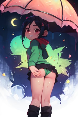8k resolution, high resolution, masterpiece, intricate details, highly detailed, HD quality, solo, loli, short stature, little girls, only girls, dark background, rain, scarlet moon, crimson moon, moon, moon on the background, 

Vanellope von Schweetz.black hair.red eyes.green hoodie.black skirt.mini skirt.stockings.stockings with white and green stripes.funny expression.cheeky smile, standing with his back to the viewer, ass, big ass, ass set aside, perfect ass, focus on ass, perfect anus, perfect vagina, beautiful anus, beautiful vagina, smooth anus, smooth vagina, small breasts, flat breasts, 

focus on the whole body, the whole body in the frame, the body is completely in the frame, the body does not leave the frame, detailed hands, detailed fingers, perfect body, perfect anatomy, wet bodies, rich colors, vibrant colors, detailed eyes, super detailed, extremely beautiful graphics, super detailed skin, best quality, highest quality, high detail, masterpiece, detailed skin, perfect anatomy, perfect body, perfect hands, perfect fingers, complex details, reflective hair, textured hair, best quality,super detailed,complex details, high resolution,

,jcdDX_soul3142,JCM2,High detailed ,USA,Color magic,AmyRose,Mrploxykun,Sonic,perfecteyes,Artist,AGGA_ST011,AGGA_ST005,rizdraws,fairy_tail_style,Oerlord,illya,hornet,HarryDraws,jtveemo,ChronoTemp ,Star vs. the Forces of Evil ,arcane style