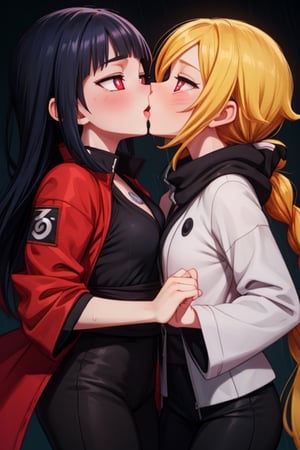 8k resolution, high resolution, masterpiece, intricate details, highly detailed, HD quality, solo, loli, dark background, black desert, scarlet moon,red moon, moon, rain,  2_girls, girls kissing, Naruko uzumaki.red eyes.(Naruko uzumaki has red eyes).blonde.yellow hair.Naruko uzumaki's clothes.black coat.black pants.a gentle expression.a satisfied expression.a playful expression.(Naruko towers over her partner), Hinata Hyuga.dark blue hair.pale lilac eyes.no pupils.Hinata Hugo's clothes.shinobi clothes.grey jacket.black pants.an embarrassed expression.happy recovery.joyful expression, kiss, two girls kissing, naruko and wednesday kissing, spittle, lesbian kiss, yuri, detailed kiss, kiss with tongues, detailed languages, focus on the whole body, the whole body in the frame, small breasts, rich colors, vibrant colors, detailed eyes, super detailed, extremely beautiful graphics, super detailed skin, best quality, highest quality, high detail, masterpiece, detailed skin, perfect anatomy, perfect body, perfect hands, perfect fingers, complex details, reflective hair, textured hair, best quality,super detailed,complex details, high resolution,

,jtveemo,himenoa,Star vs. the Forces of Evil ,Naruto,Landidzu,arcane style