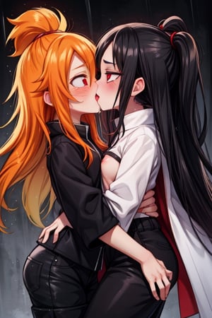 8k resolution, high resolution, masterpiece, intricate details, highly detailed, HD quality, solo, loli, dark background, black desert, scarlet moon,red moon, moon, rain,  2_girls, girls kissing, Naruko uzumaki.red eyes.(Naruko uzumaki has red eyes).blonde.yellow hair.Naruko uzumaki's clothes.black coat.black pants.a gentle expression.a satisfied expression.a playful expression.(Naruko towers over her partner), Karin Uzumaki.scarlet hair.red eyes.Karin Uzumaki's clothes.shinobi clothes.grey T-shirt with cutouts on the sides.black shorts.thoughtful expression.happy recovery.joyful expression, kiss, two girls kissing, naruko and wednesday kissing, spittle, lesbian kiss, yuri, detailed kiss, kiss with tongues, detailed languages, focus on the whole body, the whole body in the frame, small breasts, rich colors, vibrant colors, detailed eyes, super detailed, extremely beautiful graphics, super detailed skin, best quality, highest quality, high detail, masterpiece, detailed skin, perfect anatomy, perfect body, perfect hands, perfect fingers, complex details, reflective hair, textured hair, best quality,super detailed,complex details, high resolution,

,jtveemo,himenoa,Star vs. the Forces of Evil ,Naruto,Landidzu,arcane style,Oerlord,DAGASI,Karin
