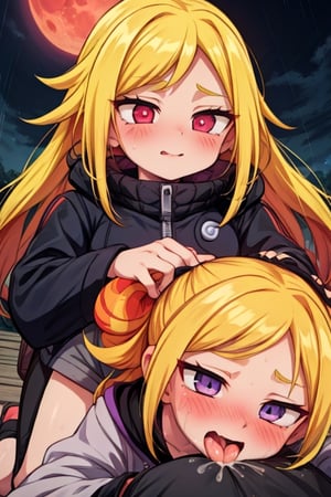 8k resolution, high resolution, masterpiece, intricate details, highly detailed, HD quality, solo, loli, dark background, black desert, scarlet moon,red moon, moon, rain,  2_girls, girls kissing, Naruko uzumaki.red eyes.(Naruko uzumaki has red eyes).blonde.yellow hair.Naruko uzumaki's clothes.black coat.black pants.a gentle expression.a satisfied expression.a playful expression.(Naruko towers over her partner), Hinata Hyuga.dark blue hair.pale lilac eyes.no pupils.Hinata Hugo's clothes.shinobi clothes.grey jacket.black pants.an embarrassed expression.happy recovery.joyful expression, kiss, two girls kissing, naruko and wednesday kissing, spittle, lesbian kiss, yuri, detailed kiss, kiss with tongues, detailed languages, focus on the whole body, the whole body in the frame, small breasts, rich colors, vibrant colors, detailed eyes, super detailed, extremely beautiful graphics, super detailed skin, best quality, highest quality, high detail, masterpiece, detailed skin, perfect anatomy, perfect body, perfect hands, perfect fingers, complex details, reflective hair, textured hair, best quality,super detailed,complex details, high resolution,

,jtveemo,himenoa,Star vs. the Forces of Evil ,Naruto,Landidzu,arcane style,Oerlord,DAGASI