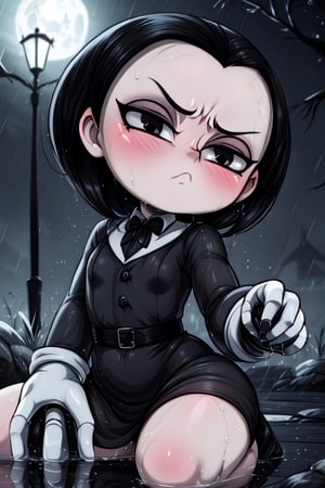 8k resolution, high resolution, masterpiece, intricate details, highly detailed, HD quality, solo, loli, black desert on the background, night, rain, red stars in the sky, scarlet moon, Wednesday Addams. black hair.black eyes.gray skin.gray wool.(Wednesday Addams dress).black jacket.white shirt.a cold expression.emotionless expression.dissatisfied expression, focus on the whole body, the whole body in the frame, small breasts, vds, looking at viewer, wet, rich colors, vibrant colors, detailed eyes, super detailed, extremely beautiful graphics, super detailed skin, best quality, highest quality, high detail, masterpiece, detailed skin, perfect anatomy, perfect body, perfect hands, perfect fingers, complex details, reflective hair, textured hair, best quality, super detailed, complex details, high resolution,  

,Shadbase ,Ankha,USA,Sonique ,Sonic,AmyRose,Blase,muffetwear,muffet,Alphys ,Gwendolyn_Tennyson,M3GEN/(Robot Girl/),Wednesday Addams  , Addams 