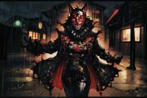 8k resolution, high resolution, masterpiece, long black scaly coat, open coat, black hair, white trickster mask,mocking smile painted on the mask,red smile, fanged smile,red eyes painted on the mask,squinted eyes, black gloves, black pants, arms thrown to the side, looking at the viewer, scarlet lightning in the background, rain, thunderstorm, the whole body in the frame, solo


