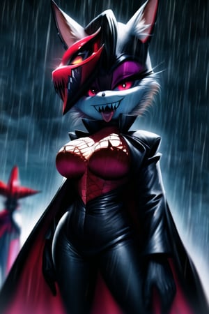 8k resolution, high resolution, masterpiece, long black scaly coat, open coat,  white trickster mask,mocking smile painted on the mask,red smile, fanged smile,red eyes painted on the mask,squinted eyes, black gloves, black pants, arms thrown to the side, looking at the viewer, scarlet lightning in the background, rain, thunderstorm, the whole body in the frame, solo, 