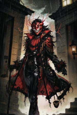 8k resolution, high resolution, masterpiece, long black scaly coat, open coat, black hair, white trickster mask,mocking smile painted on the mask,red smile, fanged smile,red eyes painted on the mask,squinted eyes, black gloves, black pants, arms thrown to the side, looking at the viewer, scarlet lightning in the background, rain, thunderstorm, the whole body in the frame, solo


