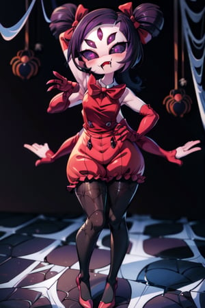 8k resolution, high resolution, masterpiece,  intricate details, highly detailed, HD quality, best quality, vibrant colors, 1girl,muffet,(muffetwear), monster girl,((purple body:1.3)),humanoid, arachnid, anthro,((fangs)),pigtails,hair bows,5 eyes,spider girl,6 arms,solo,clothed,6 hands,detailed hands,((spider webs:1.4)),bloomers,red and black clothing, armwear,  detailed eyes, super detailed, extremely beautiful graphics, super detailed skin, best quality, highest quality, high detail, masterpiece, detailed skin, perfect anatomy, perfect hands, perfect fingers, complex details, reflective hair, textured hair, best quality, super detailed, complex details, high resolution, looking at the viewer, rich colors, ,muffetwear,Shadbase 