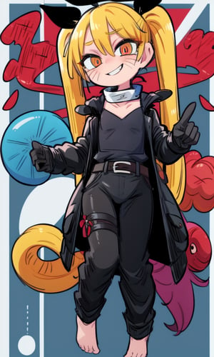 masterpiece, best quality, spectacular, solo, Naruko_Uzumaki, yellow hair, two pigtails, red eyes, elongated vertical pupils, loli, cheeky smile, straight pose, looks at the viewer, hands tied with black bandages, black leather gloves, black pants, forearms tied with black bandages, black scaly coat, black belt, black pants, chest bandaged black bandages, perfect eyes, perfect body, perfect anatomy , cartoon, naruto,Cromachina,wagashi,Mrploxykun,Eiken3kyuboy,perfecteyes