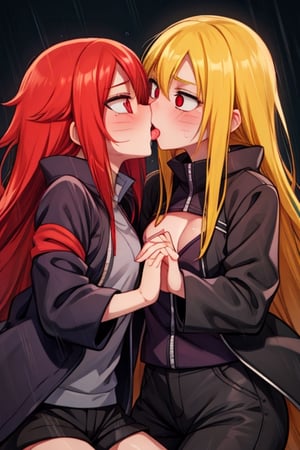 8k resolution, high resolution, masterpiece, intricate details, highly detailed, HD quality, solo, loli, dark background, black desert, scarlet moon,red moon, moon, rain,  2_girls, girls kissing, Naruko uzumaki.red eyes.(Naruko uzumaki has red eyes).blonde.yellow hair.Naruko uzumaki's clothes.black coat.black pants.a gentle expression.a satisfied expression.a playful expression.(Naruko towers over her partner), Karin Uzumaki.scarlet hair.red eyes.Karin Uzumaki's clothes.shinobi clothes.grey T-shirt with cutouts on the sides.black shorts.thoughtful expression.happy recovery.joyful expression, kiss, two girls kissing, naruko and wednesday kissing, spittle, lesbian kiss, yuri, detailed kiss, kiss with tongues, detailed languages, focus on the whole body, the whole body in the frame, small breasts, rich colors, vibrant colors, detailed eyes, super detailed, extremely beautiful graphics, super detailed skin, best quality, highest quality, high detail, masterpiece, detailed skin, perfect anatomy, perfect body, perfect hands, perfect fingers, complex details, reflective hair, textured hair, best quality,super detailed,complex details, high resolution,

,jtveemo,himenoa,Star vs. the Forces of Evil ,Naruto,Landidzu,arcane style,Oerlord,DAGASI,Karin