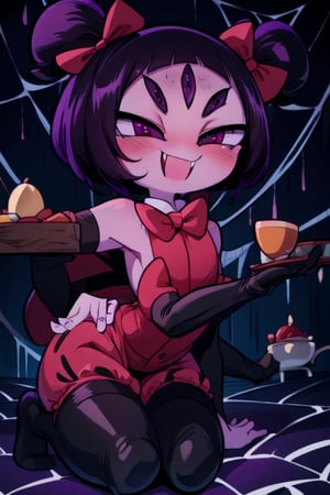 8k resolution, high resolution, masterpiece,  intricate details, highly detailed, HD quality, best quality, vibrant colors, 1girl,muffet,(muffetwear), monster girl,((purple body:1.3)),humanoid, arachnid, anthro,((fangs)),pigtails,hair bows,5 eyes,spider girl,6 arms,solo,clothed,6 hands,detailed hands,((spider webs:1.4)),bloomers,red and black clothing, armwear,  detailed eyes, super detailed, extremely beautiful graphics, super detailed skin, best quality, highest quality, high detail, masterpiece, detailed skin, perfect anatomy, perfect hands, perfect fingers, complex details, reflective hair, textured hair, best quality, super detailed, complex details, high resolution, looking at the viewer, rich colors, ,muffetwear,Shadbase ,JCM2,DAGASI,Oerlord,illya,In the style of gravityfalls,tensura,Mrploxykun