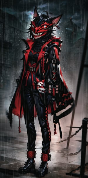 8k resolution, high resolution, masterpiece, long black scaly coat, open coat, black hair, white trickster mask,mocking smile painted on the mask,red smile, fanged smile,red eyes painted on the mask,squinted eyes, black gloves, black pants, arms thrown to the side, looking at the viewer, scarlet lightning in the background, rain, thunderstorm, the whole body in the frame, solo


