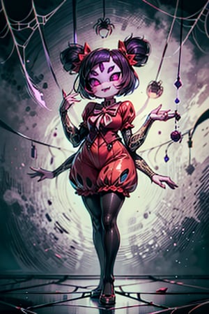 8k resolution, high resolution, masterpiece,  intricate details, highly detailed, HD quality, best quality, vibrant colors, 1girl,muffet,(muffetwear), monster girl,((purple body:1.3)),humanoid, arachnid, anthro,((fangs)),pigtails,hair bows,5 eyes,spider girl,6 arms,solo,clothed,6 hands,detailed hands,((spider webs:1.4)),bloomers,red and black clothing, armwear,  detailed eyes, super detailed, extremely beautiful graphics, super detailed skin, best quality, highest quality, high detail, masterpiece, detailed skin, perfect anatomy, perfect hands, perfect fingers, complex details, reflective hair, textured hair, best quality, super detailed, complex details, high resolution, looking at the viewer, rich colors, ,muffetwear,Shadbase ,JCM2,DAGASI,Oerlord,illya,In the style of gravityfalls,tensura,Mrploxykun,BORN-TO-DIE,Captain kirb