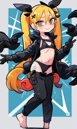 masterpiece, best quality, spectacular, solo, Naruko_Uzumaki, yellow hair, two pigtails, red eyes, elongated vertical pupils, small breasts, loli, cheeky smile, straight pose, looks at the viewer, hands tied with black bandages, black leather gloves, black pants, forearms tied with black bandages, black scaly coat, black belt, black pants, chest bandaged black bandages, perfect eyes, perfect body, perfect anatomy , cartoon, naruto,Cromachina,wagashi,Mrploxykun,Eiken3kyuboy,perfecteyes