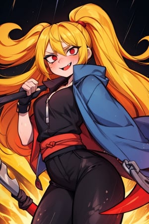 8k resolution, high resolution, masterpiece, intricate details, highly detailed, HD quality, solo, loli, 1_girls, dark background.black desert.scarlet moon.red moon.moon.rain, Naruko uzumaki.red eyes.blonde.yellow hair.two ponytails.Naruko uzumaki clothes.shinobi clothes.black scaly coat.black pants.elongated tongue.long tongue.big tongue.flaunt.fighting pose.glowing eyes.a cheeky smile.funny expression.a joyful expression, a fighting scythe in crayfish.a black blade with red edges.black metal handle.two-meter braid.the base of the blade is wrapped in chains, susanoo.giant fox behind Naruko.ghostly fox. red wool.red aura.tail.bared fangs.fighting pose, looking at the camera, focus on the whole body, the whole body in the frame, small breasts, rich colors, vibrant colors, detailed eyes, super detailed, extremely beautiful graphics, super detailed skin, best quality, highest quality, high detail, masterpiece, detailed skin, perfect anatomy, perfect body, perfect hands, perfect fingers, complex details, reflective hair, textured hair, best quality,super detailed,complex details, high resolution,

,jtveemo,himenoa,Star vs. the Forces of Evil ,Naruto,Landidzu,arcane style,Oerlord,DAGASI,Karin,JCM2,USA,Overgeared Manhwa