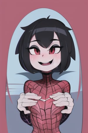 8k resolution, high resolution, masterpiece, intricate details, highly detailed, HD quality, solo, loli, short stature, little girls, only girls, dark background, rain, scarlet moon, crimson moon, moon, moon on the background, science fiction, science fiction city, red neon, blood red neon, burgundy red neon,

Peni Parker.red eyes.shining scarlet eyes.shining eyes.black hair.short haircut.slim build.teenage girl.Spiderman.Marvel.superhero.young woman.slim build.the red web.tight-fitting suit.black and red clothes.black spider print on the chest.black spider emblem.spider print.black print.hood.stretched hood.cheked smile.funny expression.fighting pose,

focus on the whole body, the whole body in the frame, the body is completely in the frame, the body does not leave the frame, detailed hands, detailed fingers, perfect body, perfect anatomy, wet bodies, rich colors, vibrant colors, detailed eyes, super detailed, extremely beautiful graphics, super detailed skin, best quality, highest quality, high detail, masterpiece, detailed skin, perfect anatomy, perfect body, perfect hands, perfect fingers, complex details, reflective hair, textured hair, best quality,super detailed,complex details, high resolution,


