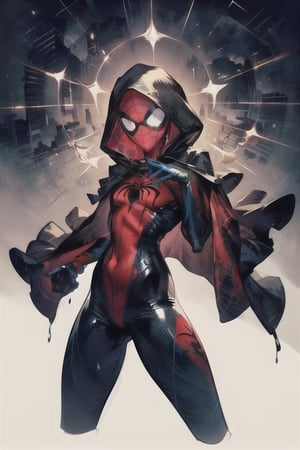 8k resolution, high resolution, masterpiece, intricate details, highly detailed, HD quality, solo, loli, short stature, little girls, only girls, dark background, rain, scarlet moon, crimson moon, moon, moon on the background, science fiction, science fiction city, red neon, blood red neon, burgundy red neon,

Black spider-man mask.red lenses.shining scarlet lenses.shiny lenses.slim build.a teenage girl. Spider-Man. Miracle.a superhero.slim build.the red web.tight-fitting suit.black and red clothes.red spider print on the chest.the emblem of the red spider.spider print.red print.hood.stretched hood.a smile in a cage.fighting pose.spider pose.superhero pose,

focus on the whole body, the whole body in the frame, the body is completely in the frame, the body does not leave the frame, detailed hands, detailed fingers, perfect body, perfect anatomy, wet bodies, rich colors, vibrant colors, detailed eyes, super detailed, extremely beautiful graphics, super detailed skin, best quality, highest quality, high detail, masterpiece, detailed skin, perfect anatomy, perfect body, perfect hands, perfect fingers, complex details, reflective hair, textured hair, best quality,super detailed,complex details, high resolution,

,Overlord,neon palette,JCM2,midjourney,horror,War of the Visions  