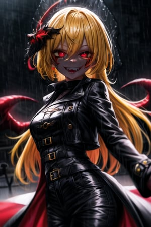 8k resolution, high resolution, masterpiece, long black scaly coat, open coat, yellow hair, white trickster mask,mocking smile painted on the mask,red smile, fanged smile,red eyes painted on the mask,squinted eyes, black gloves, black pants, arms thrown to the side, looking at the viewer, scarlet lightning in the background, rain, thunderstorm, the whole body in the frame, solo, 