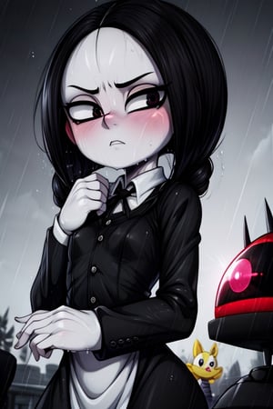 8k resolution, high resolution, masterpiece, intricate details, highly detailed, HD quality, solo, 1gìrl, loli, black desert on the background, night, rain, red stars in the sky, scarlet moon, Wednesday Addams. black hair.black eyes.gray skin.gray wool.(Wednesday Addams dress).black jacket.white shirt.a cold expression.emotionless expression.dissatisfied expression, focus on the whole body, the whole body in the frame, small breasts, vds, looking at viewer, wet, rich colors, vibrant colors, detailed eyes, super detailed, extremely beautiful graphics, super detailed skin, best quality, highest quality, high detail, masterpiece, detailed skin, perfect anatomy, perfect body, perfect hands, perfect fingers, complex details, reflective hair, textured hair, best quality, super detailed, complex details, high resolution,  

,Shadbase ,Ankha,USA,Sonique ,Sonic,AmyRose,Blase,muffetwear,muffet,Alphys ,Gwendolyn_Tennyson,M3GEN/(Robot Girl/),Wednesday Addams  , Addams 