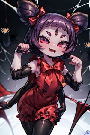 8k resolution, high resolution, masterpiece,  intricate details, highly detailed, HD quality, best quality, vibrant colors, 1girl,muffet,(muffetwear), monster girl,((purple body:1.3)),humanoid, arachnid, anthro,((fangs)),pigtails,hair bows,5 eyes,spider girl,6 arms,solo,clothed,6 hands,detailed hands,((spider webs:1.4)),bloomers,red and black clothing, armwear,  detailed eyes, super detailed, extremely beautiful graphics, super detailed skin, best quality, highest quality, high detail, masterpiece, detailed skin, perfect anatomy, perfect hands, perfect fingers, complex details, reflective hair, textured hair, best quality, super detailed, complex details, high resolution, looking at the viewer, rich colors, ,muffetwear,Shadbase ,JCM2,DAGASI,Oerlord,illya,In the style of gravityfalls,tensura,Mrploxykun,BORN-TO-DIE,Captain kirb