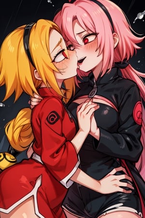 8k resolution, high resolution, masterpiece, intricate details, highly detailed, HD quality, solo, loli, dark background, black desert, scarlet moon,red moon, moon, rain,  2_girls, girls kissing, Naruko uzumaki.red eyes.(Naruko uzumaki has red eyes).blonde.yellow hair.Naruko uzumaki's clothes.black coat.black pants.a gentle expression.a satisfied expression.a playful expression.(Naruko towers over her partner), Sakura Haruno.Haruno Sakura's eyes.pink hair.short hair.(Haruno Sakura's clothes.red dress with cutouts on the sides.black tight shorts.an embarrassed expression.a happy expression.amorous expression, kiss, two girls kissing, naruko and wednesday kissing, spittle, lesbian kiss, yuri, detailed kiss, kiss with tongues, detailed languages, focus on the whole body, the whole body in the frame, small breasts, rich colors, vibrant colors, detailed eyes, super detailed, extremely beautiful graphics, super detailed skin, best quality, highest quality, high detail, masterpiece, detailed skin, perfect anatomy, perfect body, perfect hands, perfect fingers, complex details, reflective hair, textured hair, best quality,super detailed,complex details, high resolution,

Shadbase,Ankha,USA,Sonique,Sonic,Naruto,Wednesday Addams  ,kiss,JCM2,Naruko,Shadbase ,Mrploxykun, Addams ,Artist,haruno sakura