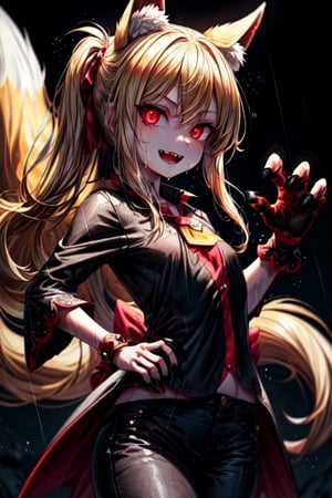 8k resolution, high resolution, masterpiece, intricate details, highly detailed, HD quality, solo, loli, short stature, little girls, only girls, dark background, rain, scarlet moon, crimson moon, moon, moon on the background, 

Red eyes.black sclera.vertical pupil.cat's pupil.glowing eyes.fangs.fox ears.a fox's tail behind his back.claws on the fingers.claw.black claws.small claws.blonde.yellow hair.long hair.straight hair.two ponytails.black scaly coat.black pants.an evil expression.grin.a joyful expression.fighting pose, 

focus on the whole body, the whole body in the frame, the body is completely in the frame, the body does not leave the frame, detailed hands, detailed fingers, perfect body, perfect anatomy, wet bodies, rich colors, vibrant colors, detailed eyes, super detailed, extremely beautiful graphics, super detailed skin, best quality, highest quality, high detail, masterpiece, detailed skin, perfect anatomy, perfect body, perfect hands, perfect fingers, complex details, reflective hair, textured hair, best quality,super detailed,complex details, high resolution,

,jcdDX_soul3142,JCM2,High detailed ,USA,Color magic,AmyRose,Mrploxykun,Sonic,perfecteyes,Artist,AGGA_ST011,AGGA_ST005,rizdraws,fairy_tail_style,Oerlord,illya,hornet,HarryDraws,jtveemo,ChronoTemp ,Star vs. the Forces of Evil ,arcane style,Landidzu,Captain kirb,Saturated colors,Color saturation ,DAGASI