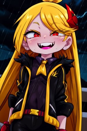 8k resolution, high resolution, masterpiece, long black scaly coat, open coat, yellow hair, white trickster mask,mocking smile painted on the mask,red smile, fanged smile,red eyes painted on the mask,squinted eyes, black gloves, black pants, arms thrown to the side, looking at the viewer, scarlet lightning in the background, rain, thunderstorm, the whole body in the frame, solo, detailed eyes, super detailed, extremely beautiful graphics, super detailed skin, best quality, highest quality, high detail, masterpiece, detailed skin, perfect anatomy, perfect hands, perfect fingers, complex details, reflective hair, textured hair, best quality, super detailed, complex details, high resolution, looking at the viewer, rich colors,Mrploxykun,JCM2,Artist,Captain kirb