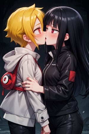 8k resolution, high resolution, masterpiece, intricate details, highly detailed, HD quality, solo, loli, dark background, black desert, scarlet moon,red moon, moon, rain,  2_girls, girls kissing, Naruko uzumaki.red eyes.(Naruko uzumaki has red eyes).blonde.yellow hair.Naruko uzumaki's clothes.black coat.black pants.a gentle expression.a satisfied expression.a playful expression.(Naruko towers over her partner), Hinata Hyuga.dark blue hair.pale lilac eyes.no pupils.Hinata Hugo's clothes.shinobi clothes.grey jacket.black pants.an embarrassed expression.happy recovery.joyful expression, kiss, two girls kissing, naruko and wednesday kissing, spittle, lesbian kiss, yuri, detailed kiss, kiss with tongues, detailed languages, focus on the whole body, the whole body in the frame, small breasts, rich colors, vibrant colors, detailed eyes, super detailed, extremely beautiful graphics, super detailed skin, best quality, highest quality, high detail, masterpiece, detailed skin, perfect anatomy, perfect body, perfect hands, perfect fingers, complex details, reflective hair, textured hair, best quality,super detailed,complex details, high resolution,

,jtveemo,himenoa