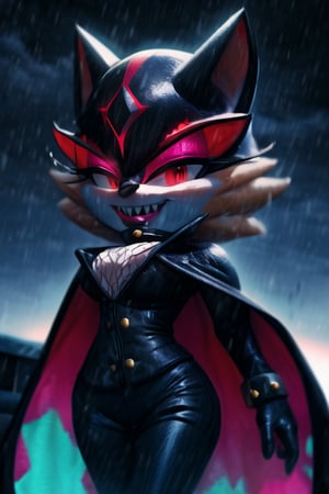 8k resolution, high resolution, masterpiece, long black scaly coat, open coat,  white trickster mask,mocking smile painted on the mask,red smile, fanged smile,red eyes painted on the mask,squinted eyes, black gloves, black pants, arms thrown to the side, looking at the viewer, scarlet lightning in the background, rain, thunderstorm, the whole body in the frame, solo, 