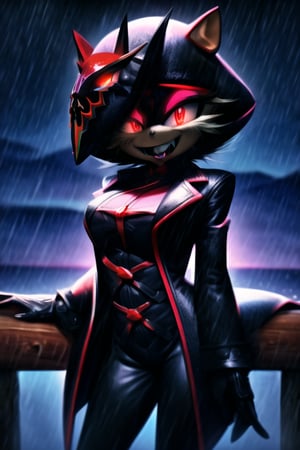 8k resolution, high resolution, masterpiece, long black scaly coat, open coat,  white trickster mask,mocking smile painted on the mask,red smile, fanged smile,red eyes painted on the mask,squinted eyes, black gloves, black pants, arms thrown to the side, looking at the viewer, scarlet lightning in the background, rain, thunderstorm, the whole body in the frame, solo, 