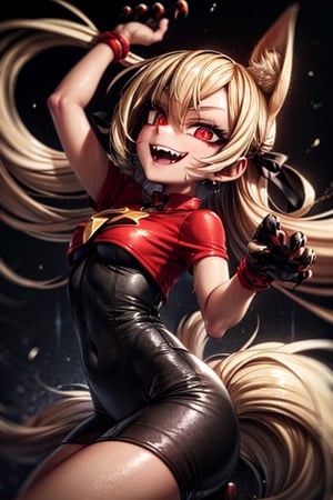 8k resolution, high resolution, masterpiece, intricate details, highly detailed, HD quality, solo, loli, short stature, little girls, only girls, dark background, rain, scarlet moon, crimson moon, moon, moon on the background, 

Red eyes.black sclera.vertical pupil.cat's pupil.glowing eyes.fangs.fox ears.a fox's tail behind his back.claws on the fingers.claw.black claws.small claws.blonde.yellow hair.long hair.straight hair.two ponytails.black scaly coat.black pants.an evil expression.grin.a joyful expression.fighting pose, 

focus on the whole body, the whole body in the frame, the body is completely in the frame, the body does not leave the frame, detailed hands, detailed fingers, perfect body, perfect anatomy, wet bodies, rich colors, vibrant colors, detailed eyes, super detailed, extremely beautiful graphics, super detailed skin, best quality, highest quality, high detail, masterpiece, detailed skin, perfect anatomy, perfect body, perfect hands, perfect fingers, complex details, reflective hair, textured hair, best quality,super detailed,complex details, high resolution,

,jcdDX_soul3142,JCM2,High detailed ,USA,Color magic,AmyRose,Mrploxykun,Sonic,perfecteyes,Artist,AGGA_ST011,AGGA_ST005,rizdraws,fairy_tail_style,Oerlord,illya,hornet,HarryDraws,jtveemo,ChronoTemp ,Star vs. the Forces of Evil ,arcane style,Landidzu,Captain kirb,Saturated colors,Color saturation ,DAGASI