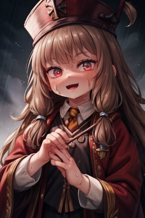 8k resolution, high resolution, masterpiece, intricate details, highly detailed, HD quality, solo, loli, black desert on the background, night, rain, red stars in the sky, scarlet moon, Hermione Granger. Red eyes.brown hair.(Hermione Granger's clothes). the wizard's red robe.a crazy smile.funny expression.a satisfied expression.expression of ecstasy, focus on the whole body, the whole body in the frame, small breasts, vds, looking at viewer, wet, rich colors, vibrant colors, detailed eyes, super detailed, extremely beautiful graphics, super detailed skin, best quality, highest quality, high detail, masterpiece, detailed skin, perfect anatomy, perfect body, perfect hands, perfect fingers, complex details, reflective hair, textured hair, best quality, super detailed, complex details, high resolution,  

,Mrploxykun,Shadbase ,USA,Kanna Kamui ,Hat Kid,Hermione Granger